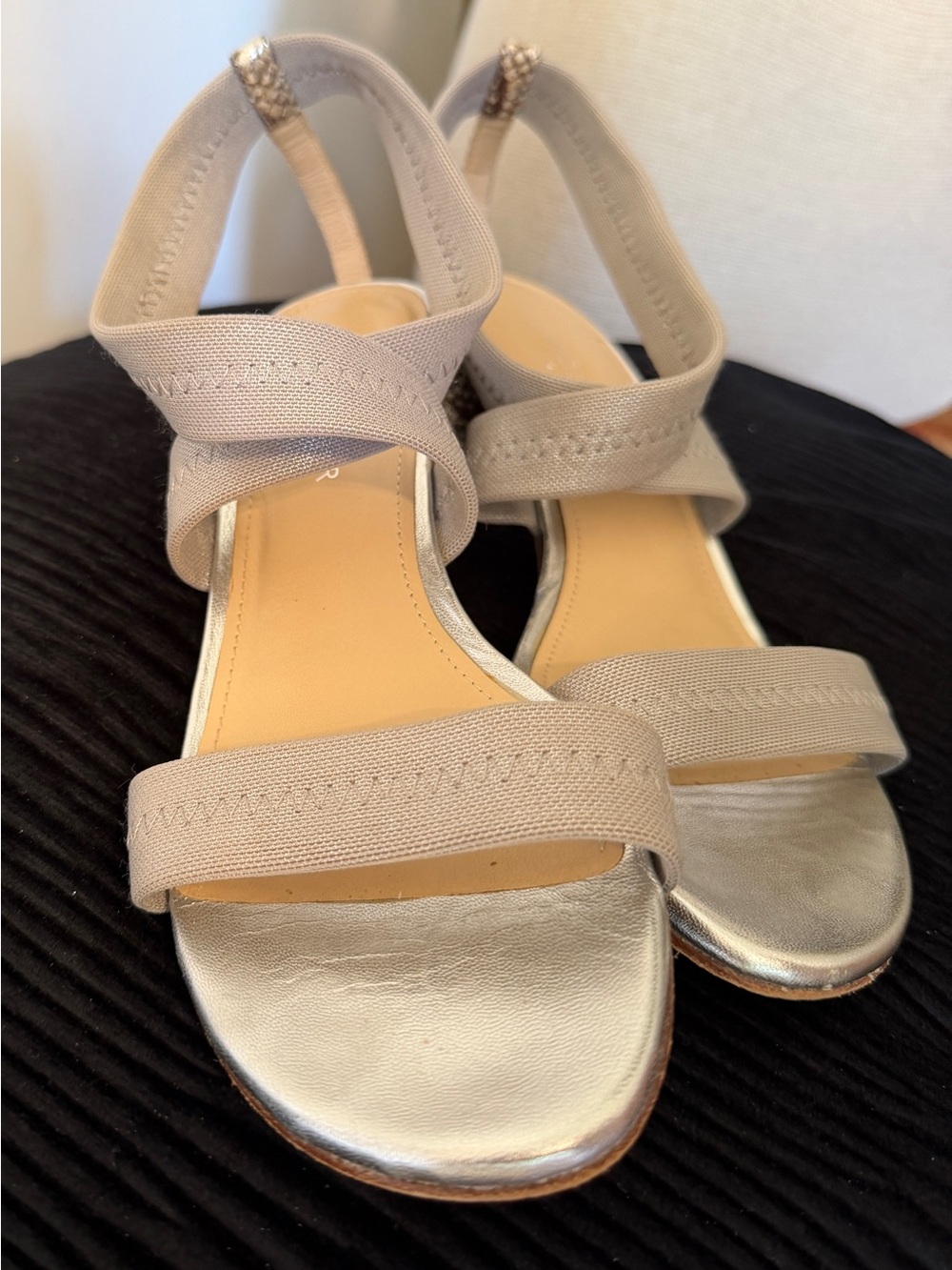 Donald J. Pliner Beige Elastic Strap Sandal with Metallic Toe and Snake Heels